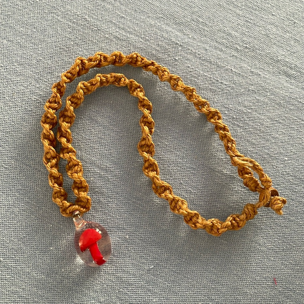 Macrame choker necklace with mushroom pendant 15” long